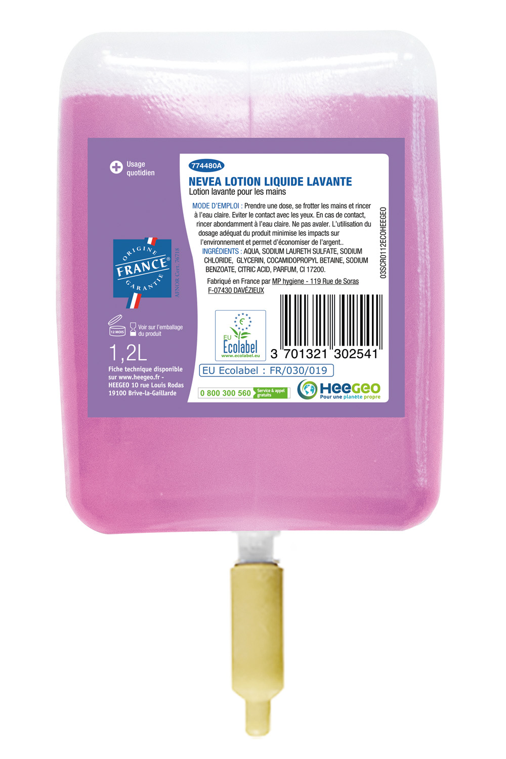 savon nevea cartouche liquide lavante ecolabel 10x 1,2l